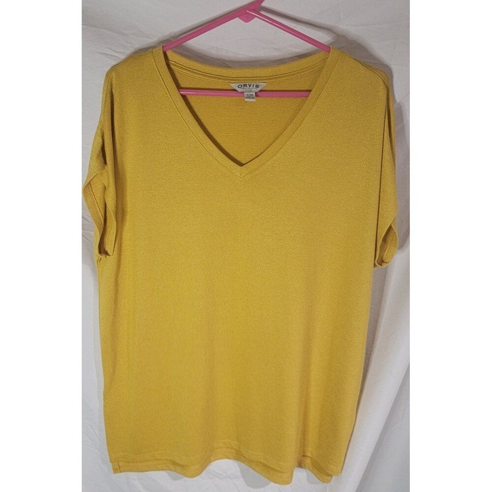 Orvis T-Shirt Womens XL Mustard V-Neck Short Sleeve Solid Basic Tee Shirt